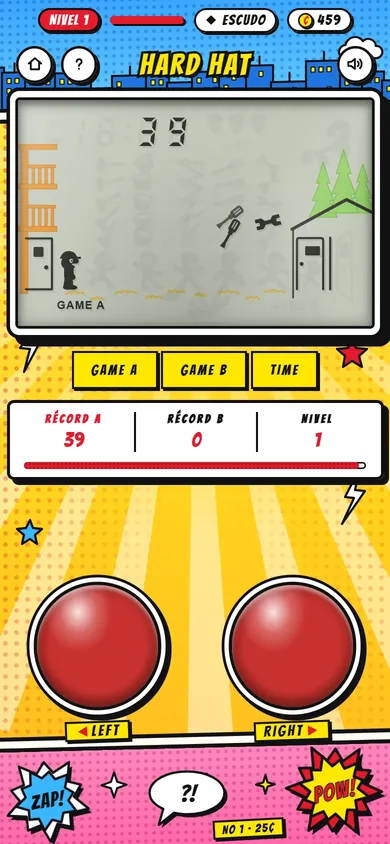 Captura de la app: una partida de Hard Hat en la consola moderna, con el estilo Cómic