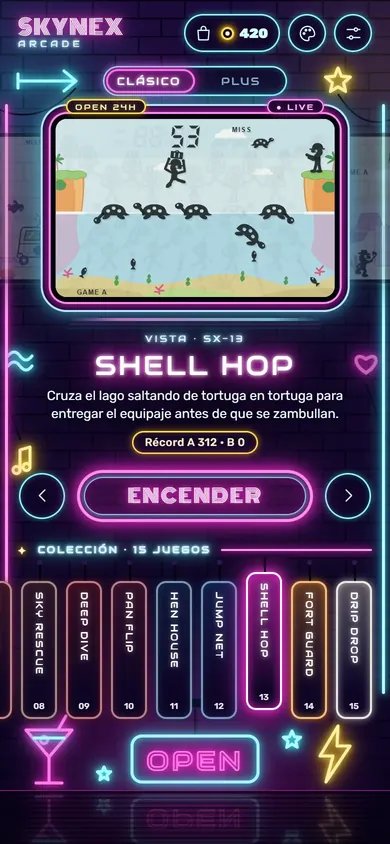 Captura de la app: el menú principal con el estilo Neón, el juego Shell Hop y la estantería con la colección de quince juegos